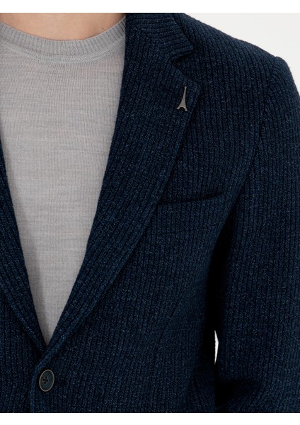 Erkek Lacivert Slim Fit Yün Karışımlı Flanel Ceket 50272639-VR033