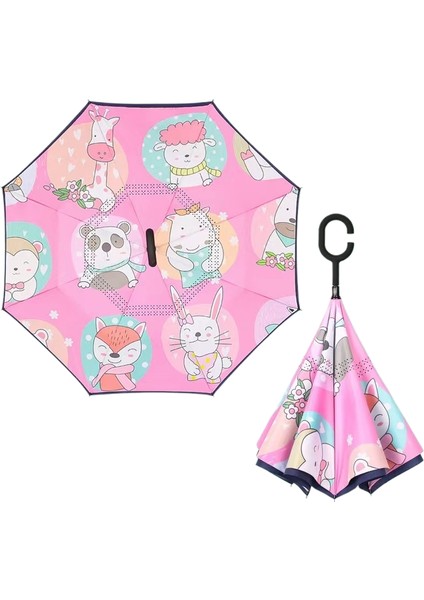 Çocuk Ters Şemsiye Çift Katmanlı Güneş Kremi Uzun Saplı Yağmur ve Parlaklık Çift Kullanımlı Karikatür Ilkokul Öğrencileri (Yurt Dışından)