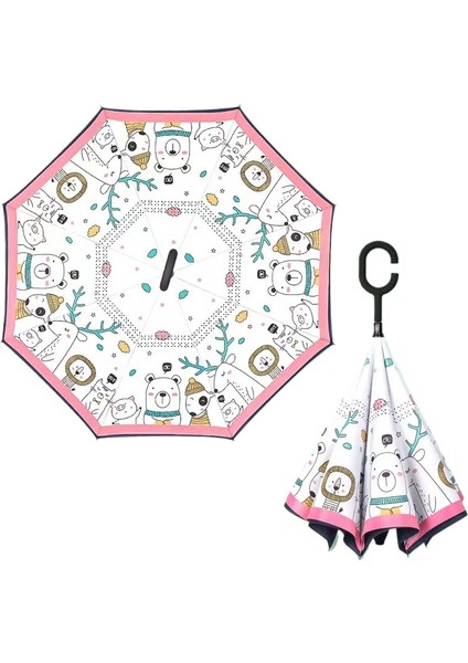 Çocuk Ters Şemsiye Çift Katmanlı Güneş Kremi Uzun Saplı Yağmur ve Parlaklık Çift Kullanımlı Karikatür Ilkokul Öğrencileri (Yurt Dışından)