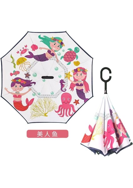 Çocuk Ters Şemsiye Çift Katmanlı Güneş Kremi Uzun Saplı Yağmur ve Parlaklık Çift Kullanımlı Karikatür Ilkokul Öğrencileri (Yurt Dışından)