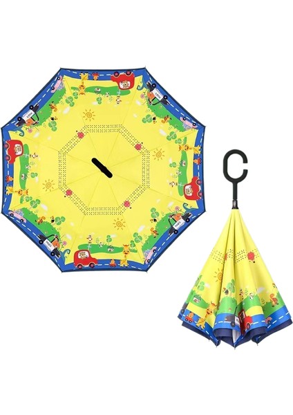 Çocuk Ters Şemsiye Çift Katmanlı Güneş Kremi Uzun Saplı Yağmur ve Parlaklık Çift Kullanımlı Karikatür Ilkokul Öğrencileri (Yurt Dışından)