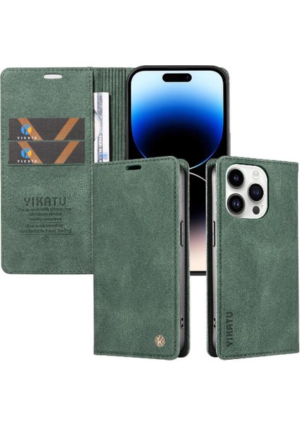 iPhone 14 Pro Max Premium Pu Deri Basit Cüzdan Kılıf Kart Yuvaları Destek Ayağı Manyetik Kapatma Darbeye Dayanıklı Kapak (Yurt Dışından)