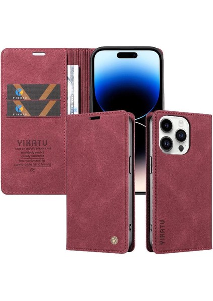 iPhone 14 Pro Max Premium Pu Deri Basit Cüzdan Kılıf Kart Yuvaları Destek Ayağı Manyetik Kapatma Darbeye Dayanıklı Kapak (Yurt Dışından)