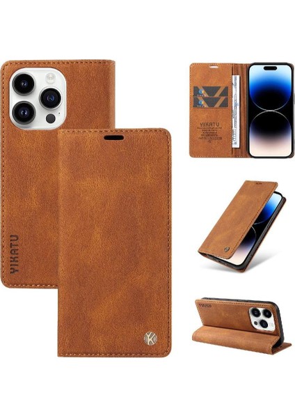 iPhone 14 Pro Max Premium Pu Deri Basit Cüzdan Kılıf Kart Yuvaları Destek Ayağı Manyetik Kapatma Darbeye Dayanıklı Kapak (Yurt Dışından)