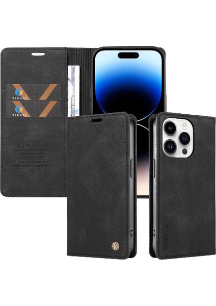 iPhone 14 Pro Max Premium Pu Deri Basit Cüzdan Kılıf Kart Yuvaları Destek Ayağı Manyetik Kapatma Darbeye Dayanıklı Kapak (Yurt Dışından)