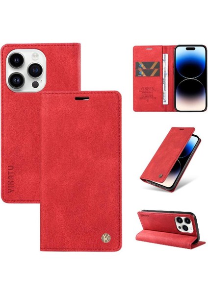 iPhone 14 Pro Max Premium Pu Deri Basit Cüzdan Kılıf Kart Yuvaları Destek Ayağı Manyetik Kapatma Darbeye Dayanıklı Kapak (Yurt Dışından)