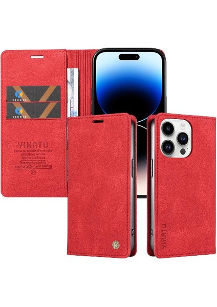 iPhone 14 Pro Max Premium Pu Deri Basit Cüzdan Kılıf Kart Yuvaları Destek Ayağı Manyetik Kapatma Darbeye Dayanıklı Kapak (Yurt Dışından)