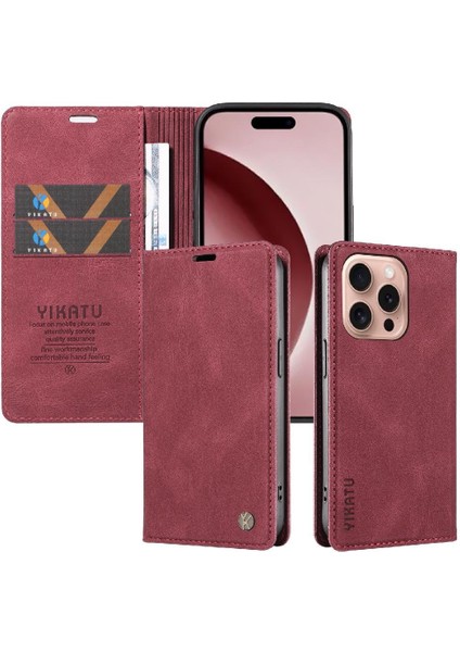 iPhone 16 Pro Premium Pu Deri Basit Cüzdan Kılıf Kart Yuvaları Destek Ayağı Manyetik Kapatma Darbeye Dayanıklı Kapak (Yurt Dışından)