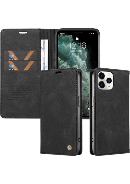 iPhone 11 Pro Max Premium Pu Deri Basit Cüzdan Kılıf Kart Yuvaları Destek Ayağı Manyetik Kapatma Darbeye Dayanıklı Kapak (Yurt Dışından)