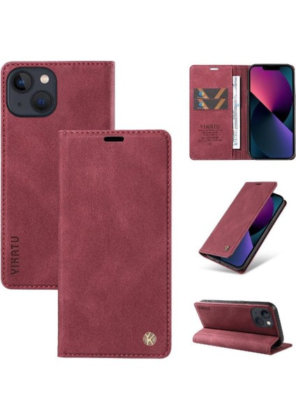 iPhone 13 Premium Pu Deri Basit Cüzdan Kılıf Kart Yuvaları Destek Ayağı Manyetik Kapatma Darbeye Dayanıklı Kapak (Yurt Dışından)