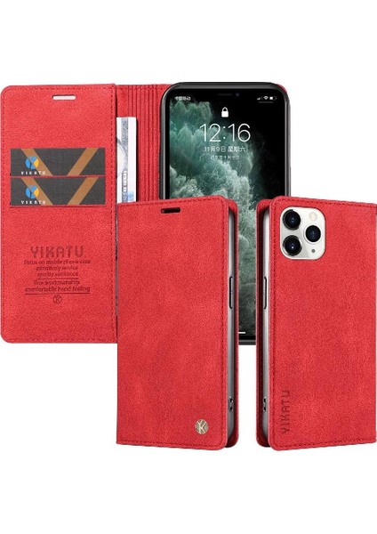 iPhone 11 Pro Max Premium Pu Deri Basit Cüzdan Kılıf Kart Yuvaları Destek Ayağı Manyetik Kapatma Darbeye Dayanıklı Kapak (Yurt Dışından)