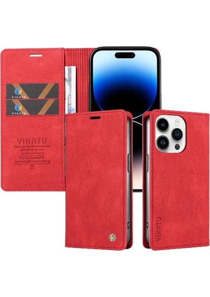 iPhone 15 Pro Max Premium Pu Deri Basit Cüzdan Kılıf Kart Yuvaları Destek Ayağı Manyetik Kapatma Darbeye Dayanıklı Kapak (Yurt Dışından)
