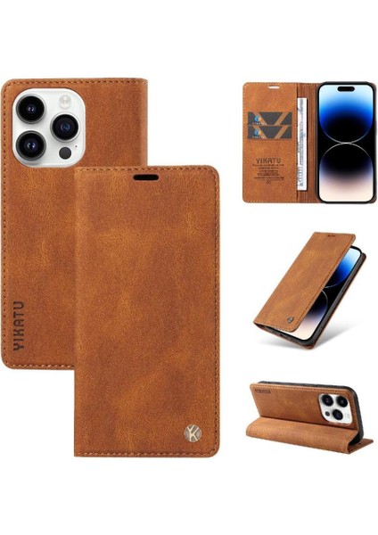 iPhone 15 Pro Max Premium Pu Deri Basit Cüzdan Kılıf Kart Yuvaları Destek Ayağı Manyetik Kapatma Darbeye Dayanıklı Kapak (Yurt Dışından)