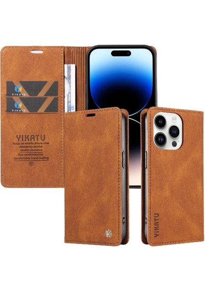 iPhone 15 Pro Max Premium Pu Deri Basit Cüzdan Kılıf Kart Yuvaları Destek Ayağı Manyetik Kapatma Darbeye Dayanıklı Kapak (Yurt Dışından)