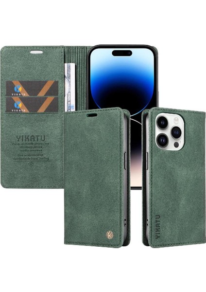 iPhone 15 Pro Max Premium Pu Deri Basit Cüzdan Kılıf Kart Yuvaları Destek Ayağı Manyetik Kapatma Darbeye Dayanıklı Kapak (Yurt Dışından)