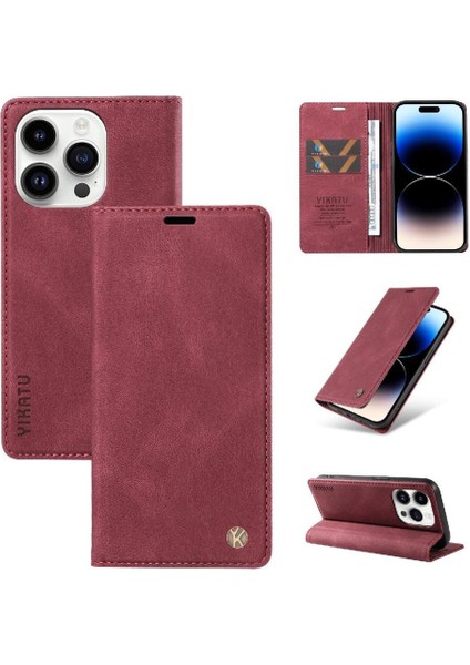 iPhone 15 Pro Max Premium Pu Deri Basit Cüzdan Kılıf Kart Yuvaları Destek Ayağı Manyetik Kapatma Darbeye Dayanıklı Kapak (Yurt Dışından)