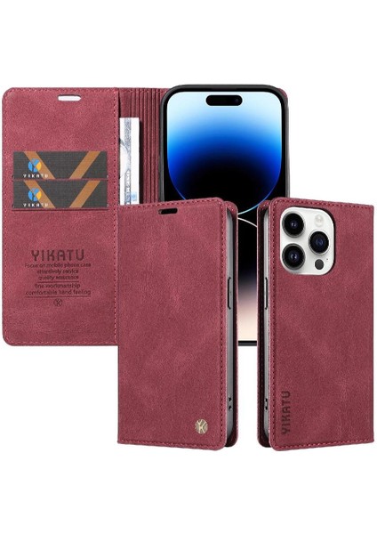 iPhone 15 Pro Max Premium Pu Deri Basit Cüzdan Kılıf Kart Yuvaları Destek Ayağı Manyetik Kapatma Darbeye Dayanıklı Kapak (Yurt Dışından)