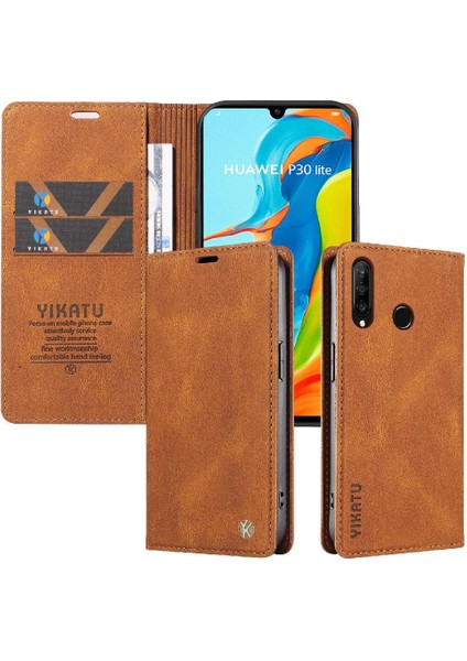 Huawei P30 Lite Premium Pu Deri Basit Cüzdan Kılıf Kart Yuvaları Destek Ayağı Manyetik Kapatma Darbeye Dayanıklı Kapak (Yurt Dışından)
