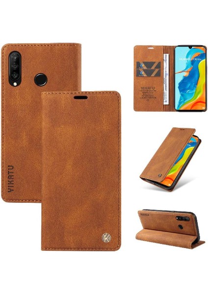 Huawei P30 Lite Premium Pu Deri Basit Cüzdan Kılıf Kart Yuvaları Destek Ayağı Manyetik Kapatma Darbeye Dayanıklı Kapak (Yurt Dışından)