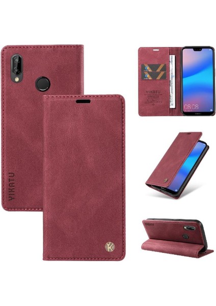 Huawei P20 Lite Premium Pu Deri Basit Cüzdan Kılıf Kart Yuvaları Destek Ayağı Manyetik Kapatma Darbeye Dayanıklı Kapak (Yurt Dışından)