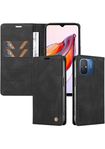 Xiaomi Redmi 12C Premium Pu Deri Basit Cüzdan Kılıf Kart Yuvaları Destek Ayağı Manyetik Kapatma Darbeye Dayanıklı Kapak (Yurt Dışından)