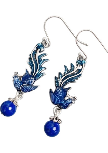 925 Ayar Gümüş Mavi Anka Kuşu Püsküllü Küpe Işlenmiş Küpe (Yurt Dışından)