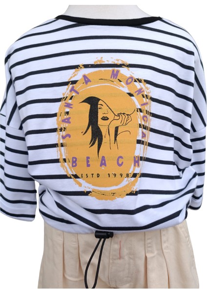 Kız Çocuk T-Shirt Belden Lastikli Crop Ekru Siyah Çizgili