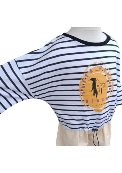 Kız Çocuk T-Shirt Belden Lastikli Crop Ekru Siyah Çizgili modelleri