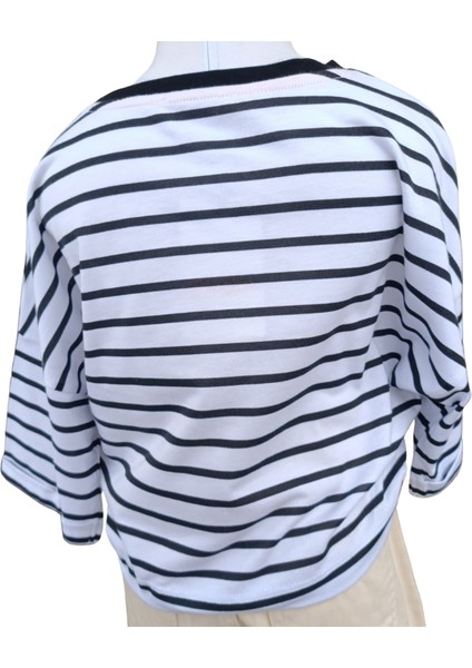 Kız Çocuk T-Shirt Belden Lastikli Crop Ekru Siyah Çizgili indirimleri