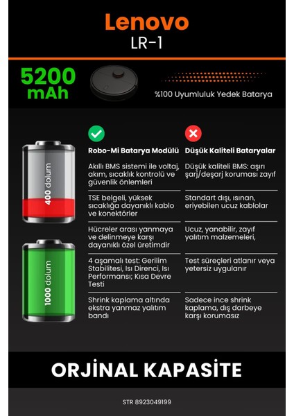 Lenovo LR-1 5200mAh Robot Süpürge Bataryası - Yüksek Yoğunluklu Li-ion Hücre