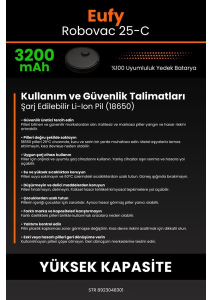 Eufy Robovac 25C 3200mAh Robot Süpürge Bataryası - Sertifikalı Güvenlik, Gerçek Kapasite