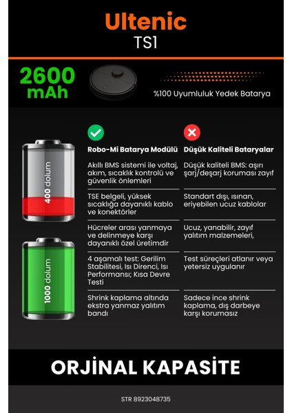 Ultenic TS1 2600mAh Robot Süpürge Bataryası - Koruma Katmanlı Batarya Teknolojisi