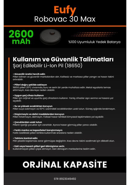 Eufy Robovac 30 Max 2600mAh Robot Süpürge Bataryası - Yüksek Yoğunluklu Li-ion Hücre