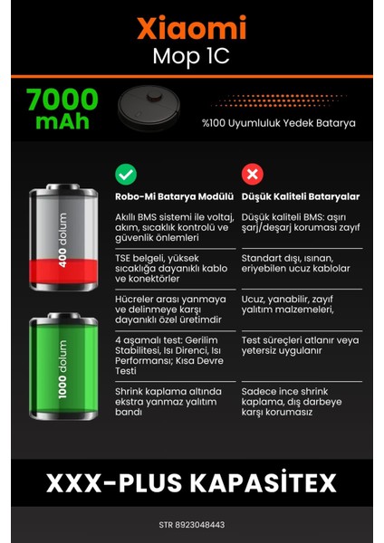 Xiaomi Mi Vacuum Mop 1C 7000mAh Robot Süpürge Bataryası - Sertifikalı Güvenlik, Gerçek Kapasite