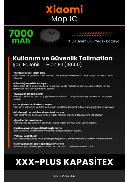 Xiaomi Mi Vacuum Mop 1C 7000mAh Robot Süpürge Bataryası - Sertifikalı Güvenlik, Gerçek Kapasite