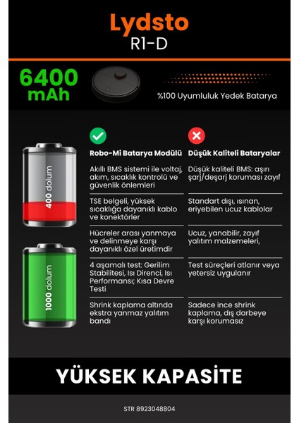 Lydsto R1-D 6400MAH Robot Süpürge Bataryası - Yüksek Yoğunluklu Li-Ion Hücre
