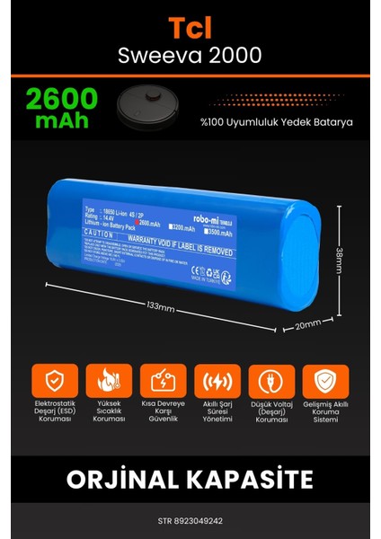 Tcl Sweeva 2000 2600mAh Robot Süpürge Bataryası - Yüksek Yoğunluklu Li-ion Hücre fiyatları