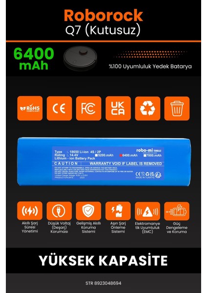 Roborock Q7 (Kutusuz) 6400MAH Robot Süpürge Bataryası - Yüksek Yoğunluklu Li-Ion Hücre