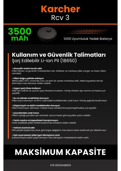 Karcher Rcv 3 3500MAH Robot Süpürge Bataryası - Yüksek Yoğunluklu Li-Ion Hücre
