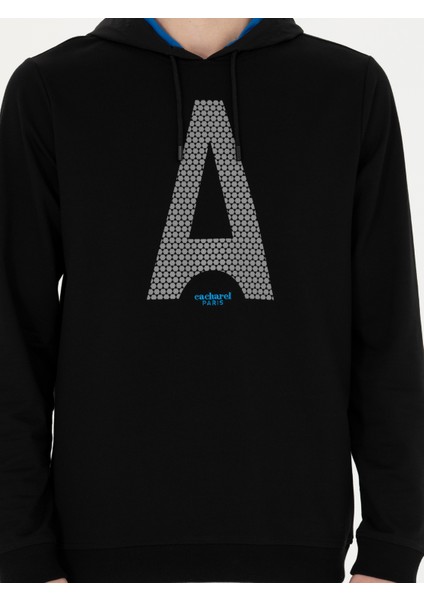 Erkek Siyah Regular Fit Pamuk Karışımlı Kapüşonlu Sweatshirt 50272525-VR046