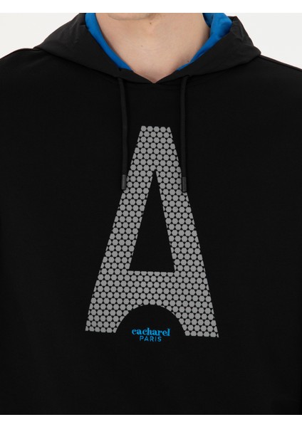 Erkek Siyah Regular Fit Pamuk Karışımlı Kapüşonlu Sweatshirt 50272525-VR046