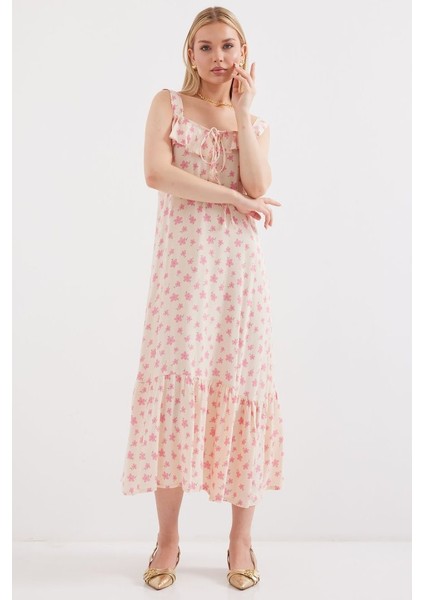 2237 Desenli Askılı Viskon Elbise - Pembe