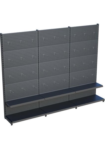 Antrasit Market Petshop Kırtasiye Rafı Hırdavat Rafı D30CMXG300CMXH220CM Antrasit Delikli Pano + Kancalı Raf