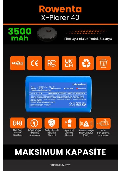 Rowenta X-Plorer 40 3500MAH Robot Süpürge Bataryası - Yüksek Yoğunluklu Li-Ion Hücre