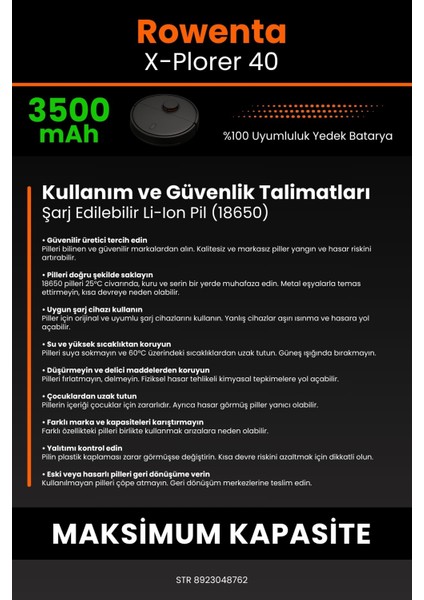 Rowenta X-Plorer 40 3500MAH Robot Süpürge Bataryası - Yüksek Yoğunluklu Li-Ion Hücre