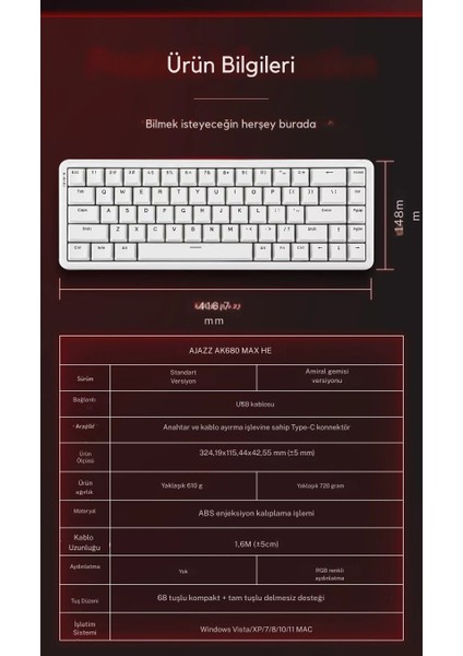 Ajazz AK680 Max He Kablolu Manyetik Switch Klavye-8000Hz-0.125Ms