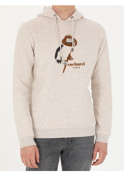 Erkek Bej Melanj Regular Fit Pamuk Karışımlı Kapüşonlu Sweatshirt 50272475-VR156