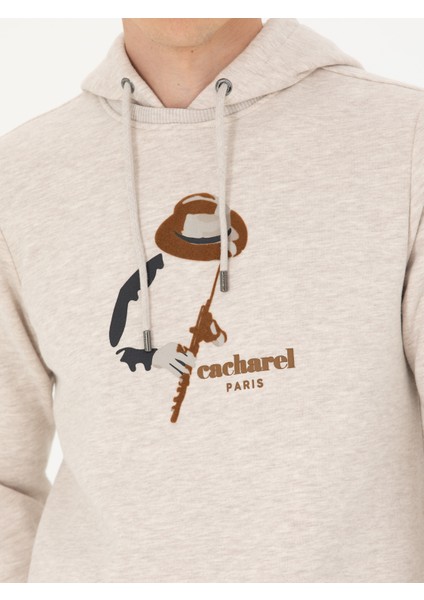 Erkek Bej Melanj Regular Fit Pamuk Karışımlı Kapüşonlu Sweatshirt 50272475-VR156
