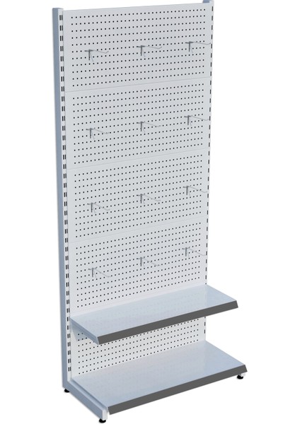 Beyaz Market Petshop Kırtasiye Rafı Hırdavat Rafı D30CMXG70CMXH220CM Beyaz Delikli Pano + Kancalı Raf