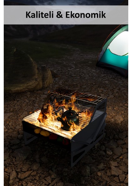 Katlanabilir Çelik Çanta Hediyeli Mangal Çift Katlı Şiş Bölmeli Portatif Sağlam Izgara